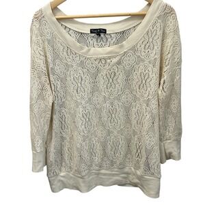 Twist Tees Women Ivory Floral Lace Scoop Neck 3/4 Sleeve Pullover Top 543213